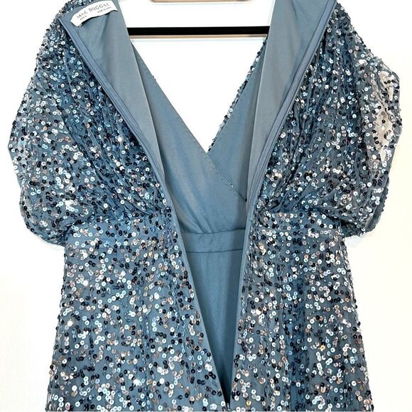 Mac Duggal 5640‎ Womens Size 12 Blue Sequin Draped Sleeve V-Neck Gown Maxi Dress - Picture 9 of 9